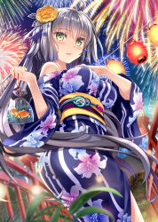 Rule 34 | 1girl, aerial fireworks, ahoge, alternate hair length, alternate hairstyle, animal, bag, bagged fish, blue kimono, blurry, blurry foreground, blush, breasts, commentary request, depth of field, fate/grand order, fate (series), fireworks, fish, floral print, flower, from below, fujima takuya, goldfish, hair between eyes, hair flower, hair ornament, hand on own chest, hands up, holding, japanese clothes, jeanne d&#039;arc (fate), jeanne d&#039;arc alter (avenger) (fate), jeanne d&#039;arc alter (fate), kimono, lantern, large breasts, long hair, long sleeves, looking at viewer, looking down, night, night sky, obi, off shoulder, outdoors, paper lantern, parted lips, print kimono, rose, sash, silver hair, sky, smile, solo, star (sky), starry sky, summer festival, very long hair, water, wide sleeves, yellow eyes, yellow flower, yellow rose, yukata
