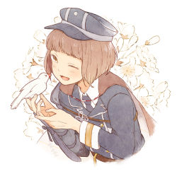 Rule 34 | 10s, 1boy, ;d, bad id, bad pixiv id, bird, bob cut, brown eyes, brown hair, buttons, cape, double-breasted, flower, hat, hiruri, java sparrow, maeda toushirou, male focus, military, military uniform, necktie, one eye closed, open mouth, personification, short hair, smile, solo, touken ranbu, uniform, upper body, white java sparrow