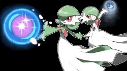 Rule 34 | 2girls, arm at side, arm up, bare shoulders, black background, blacknirrow, bob cut, colored skin, creatures (company), dress, elbow gloves, energy ball, female focus, flat chest, from behind, game freak, gardevoir, gen 3 pokemon, gloves, green hair, green skin, hair over one eye, happy, highres, looking at another, mega gardevoir, mega pokemon, moon, moonblast (pokemon), multicolored skin, multiple girls, nintendo, one eye covered, open mouth, outline, outstretched arm, outstretched arms, pokemon, pokemon (creature), pokemon move, red eyes, short hair, simple background, smile, standing, strapless, strapless dress, two-tone skin, white dress, white gloves, white outline, white skin