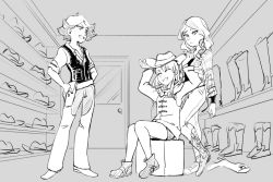 Rule 34 | 3girls, amanda o&#039;neill, boots, closed eyes, cowboy boots, cowboy hat, diana cavendish, door, greyscale, grin, hat, holster, kagari atsuko, little witch academia, monochrome, multiple girls, shelf, shopping, sketch, sleeveless, smile, teires (teir3s), unworn boots