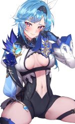 Rule 34 | 1girl, black gloves, black leotard, blue hair, blue necktie, blush, breasts, breasts apart, cleavage cutout, clothing cutout, commentary, cowboy shot, eula (genshin impact), genshin impact, gloves, hair ornament, hairband, highres, ichibi, leotard, long sleeves, looking at viewer, medium breasts, medium hair, midriff, navel, necktie, sitting, smile, solo, stomach, stomach cutout, swept bangs, symbol-only commentary, vision (genshin impact), white background, wide sleeves, yellow eyes