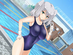 Rule 34 | 1girl, bad id, bad pixiv id, blue eyes, blue one-piece swimsuit, blue sky, breasts, building, chain-link fence, clock, collarbone, competition school swimsuit, fence, gloves, kantai collection, kashima (kancolle), large breasts, one-piece swimsuit, outdoors, pachio, poolside, school, school swimsuit, silver hair, sky, solo, swimsuit, twintails, white gloves