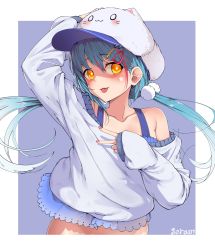 Rule 34 | 0 0, 1girl, :3, :p, absurdres, animal hat, arm up, blue background, blue bra, blue hair, blush, border, bra, bright pupils, cat hat, collarbone, facial mark, hair ornament, hairclip, hand on headwear, hat, highres, lavie, long sleeves, looking at viewer, multicolored hair, nail polish, off shoulder, original, outside border, pink nails, red hair, shaded face, simple background, single bare shoulder, sleeves past wrists, smile, solo, streaked hair, sweater, tongue, tongue out, underwear, upper body, v, white border, white hat, white sweater, yellow eyes