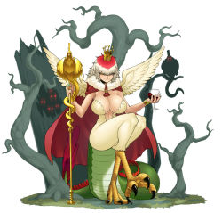 Rule 34 | 1girl, alcohol, barefoot, breasts, cleavage, cloak, cockatrice, cockatrice (tokyo tenma), covered erect nipples, crown, cup, drinking glass, feathered wings, fur collar, jewelry, large breasts, crossed legs, monster girl, multicolored hair, queen, red hair, ring, sitting, smile, smug, snake tail, solo, spacezin, staff, tail, talons, tokyo tenma, tokyo tenma: devil slave, two-tone hair, white hair, wine, wine glass, wings, yellow eyes