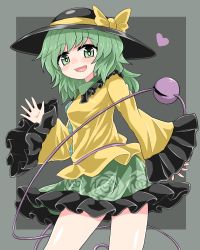 Rule 34 | 1girl, black hat, bow, bright pupils, chups, floral print, frilled shirt collar, frilled skirt, frilled sleeves, frills, green hair, green skirt, grey background, hat, hat ribbon, heart, heart of string, highres, jewelry, komeiji koishi, long sleeves, looking at viewer, medium hair, open mouth, ribbon, rose print, shirt, simple background, skirt, sleeves past wrists, smile, solo, third eye, touhou, yellow bow, yellow ribbon, yellow shirt, yellow sleeves