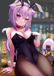Rule 34 | 1girl, absurdres, ahoge, animal ear fluff, animal ears, bar (place), bare shoulders, black collar, black leotard, black pantyhose, blush, breasts, cat ears, cat girl, cat tail, cleavage, closed mouth, collar, crossed bangs, fake animal ears, hair between eyes, highres, hololive, large breasts, leotard, nekomata okayu, onigirya (nekomata okayu), pantyhose, parijennu222, playboy bunny, purple eyes, purple hair, rabbit ears, short hair, smile, solo, strapless, strapless leotard, tail, virtual youtuber, wrist cuffs