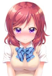 Rule 34 | 10s, 1girl, :i, blush, bow, bowtie, breasts, female focus, large breasts, looking at viewer, love live!, love live! school idol project, nishikino maki, pout, purple eyes, red hair, sakurai makoto (custom size), school uniform, short hair, simple background, solo, tears, upper body, white background