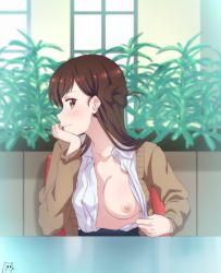 Rule 34 | 1girl, blue skirt, braid, breasts, brown eyes, brown hair, brown sweater, cardigan, chair, closed mouth, dress shirt, flashing, head rest, kanojo okarishimasu, keihh, long hair, long sleeves, looking at viewer, medium breasts, mizuhara chizuru, nipples, no bra, one breast out, open cardigan, open clothes, open shirt, oppai challenge, plant, pulled by self, shirt, skirt, smile, solo, sweater, table, wavy mouth, white shirt
