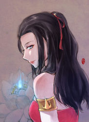 Rule 34 | 1girl, armband, avatar: the last airbender, avatar legends, azula, bare shoulders, black hair, eyelashes, from side, kellylee, long hair, looking at viewer, skindentation, solo, upper body