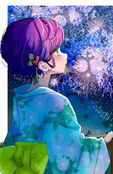 1girl absurdres aerial_fireworks ahoge blue_kimono check_commentary commentary_request fireworks floral_print_kimono flower from_behind green_eyes green_sash hair_flower hair_ornament hand_on_railing highres japanese_clothes kimono link!_like!_love_live! looking_ahead love_live! obi otomune_kozue purple_hair railing red_flower rere_88rere sash short_hair solo updo upper_body virtual_youtuber wooden_railing