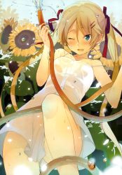 Rule 34 | 1girl, ;o, absurdres, akinashi yuu, bare shoulders, blonde hair, blue eyes, blush, dress, flower, from below, hair ornament, hair ribbon, hairclip, highres, hose, leg up, long hair, no bra, no panties, one eye closed, original, ribbon, scan, see-through, see-through silhouette, solo, strap slip, sundress, sunflower, twintails, very long hair, water, water drop, wet, wet clothes, wet dress, white dress, wink