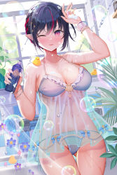 Rule 34 | 1girl, ;p, absurdres, amahara subaru, arm up, bare arms, bare shoulders, bikini, black hair, blue bow, blush, bottle, bow, bracelet, braid, breasts, checkered wall, cowboy shot, elf, frilled bikini, frills, gluteal fold, grey bikini, halterneck, highres, holding, holding bottle, indie virtual youtuber, indoors, isonade orca, jewelry, large breasts, looking at viewer, multicolored hair, navel, one eye closed, pink eyes, plant, pointy ears, potted plant, red hair, rubber duck, see-through, short hair, soap bubbles, solo, standing, stomach, streaked hair, swimsuit, tongue, tongue out, virtual youtuber, window