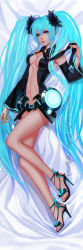 Rule 34 | 1girl, arm at side, artist name, bare shoulders, bed sheet, black footwear, black necktie, blue eyes, blue hair, center opening, closed mouth, detached sleeves, feet, from above, full body, glowing, gradient hair, hatsune miku, high heels, highres, holding, long hair, long sleeves, looking at viewer, looking up, lying, matching hair/eyes, multicolored hair, myme1, navel, navel piercing, necktie, no legwear, on back, piercing, pink hair, pink lips, sandals, shoes, smile, solo, stomach, toenails, toes, twintails, very long hair, vocaloid, wide sleeves, wing collar