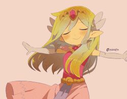 Rule 34 | 1girl, artist name, belt, blonde hair, blue eyes, blush, closed eyes, dress, floating hair, gloves, jewelry, long dress, long hair, multicolored hair, necklace, nintendo, outstretched arms, parted lips, pink dress, princess zelda, the legend of zelda, the legend of zelda: spirit tracks, the legend of zelda: the wind waker, tokuura, toon zelda, wind