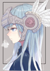 Rule 34 | 1girl, absurdres, blue eyes, feathers, helmet, highres, long hair, looking to the side, portrait, profile, silver hair, solo focus, tsukiyomi, valkyrie, valkyrie profile (series), winged helmet