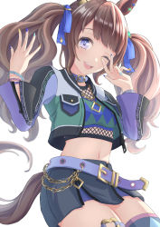 Rule 34 | 1girl, ;d, absurdres, animal ears, argyle, argyle clothes, argyle shirt, belt, black skirt, blue eyes, blue ribbon, bracelet, breasts, brown hair, chain, collar, commentary, cowboy shot, cropped jacket, ear ornament, ear piercing, fishnets, gold chain, hair ribbon, hands up, highres, horse ears, horse girl, horse tail, jacket, jewelry, long hair, long sleeves, looking at viewer, midriff, mu-to, multicolored nails, nail polish, navel, one eye closed, open clothes, open jacket, open mouth, piercing, purple belt, purple collar, ribbon, shirt, sidelocks, simple background, single thighhigh, skindentation, skirt, small breasts, smile, solo, standing, tail, teeth, thigh strap, thighhighs, tosen jordan (umamusume), twintails, umamusume, upper teeth only, white background, wristband, zettai ryouiki