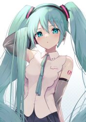 Rule 34 | 1girl, absurdres, aqua eyes, aqua hair, aqua necktie, arm behind back, bare shoulders, blue skirt, blush, buket pudding i, collared shirt, commentary, cowboy shot, double-parted bangs, elbow gloves, gloves, hatsune miku, hatsune miku (nt), headphones, highres, long hair, looking at viewer, necktie, parted lips, pleated skirt, shirt, simple background, skirt, sleeveless, solo, twintails, very long hair, vocaloid, white background, white shirt