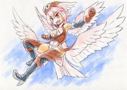 Rule 34 | 1girl, ahoge, animal ears, armpits, bare shoulders, black thighhighs, blush, boots, breasts, cleavage, gloves, hat, high heels, kawachi koorogi, marker (medium), multiple wings, mystia lorelei, open mouth, pink hair, red eyes, short hair, smile, solo, thigh boots, thighhighs, touhou, traditional media, wings
