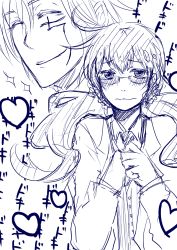Rule 34 | 1boy, 1girl, allen walker, blush, d.gray-man, glasses, happy, heart, highres, lab coat, long hair, lou fa, nervous, rohfa, scar, short hair, simple background, smile, twintails, white background