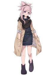 Rule 34 | 1girl, absurdres, asymmetrical hair, black footwear, black scarf, black scrunchie, blue eyes, brown coat, coat, dress, earrings, fate/grand order, fate (series), floral print, full body, grey dress, hair ornament, hair scrunchie, hands in pockets, hane yuki, head tilt, highres, jewelry, long hair, looking at viewer, miyamoto musashi (fate), open clothes, open coat, pink hair, scarf, scrunchie, short dress, simple background, sleeves rolled up, smile, solo, standing, striped clothes, striped dress, white background