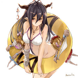 Rule 34 | 10s, 1girl, absurdres, antenna hair, bandages, bikini, black hair, blush, bottomless, breasts, cleavage, danua, draph, female focus, front-tie top, granblue fantasy, gretel (granblue fantasy), hair between eyes, hansel (granblue fantasy), highres, horn ornament, horns, innertube, jewelry, large breasts, long hair, looking at viewer, necklace, pointy ears, red eyes, simple background, solo, stuffed toy, swim ring, swimsuit, unworn bikini bottom, white background, white bikini, yatsuka (846)