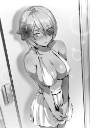 Rule 34 | 1girl, breasts, collarbone, cowboy shot, dark-skinned female, dark skin, dress, eyes visible through hair, flower, gravel (masou gakuen hxh), greyscale, hair between eyes, hair flower, hair ornament, hair over one eye, hibiscus, highres, hisasi, large breasts, looking at viewer, masou gakuen hxh, monochrome, novel illustration, official art, own hands together, parted lips, pleated dress, revealing clothes, short dress, short hair, sideboob, sleeveless, sleeveless dress, solo, standing