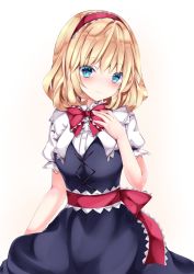 Rule 34 | 1girl, alice margatroid, bad id, bad pixiv id, blonde hair, blue dress, blue eyes, blush, bow, bowtie, capelet, closed mouth, cowboy shot, cross-laced clothes, dress, gradient background, hairband, highres, looking at viewer, medium hair, nanase nao, puffy short sleeves, puffy sleeves, red bow, red bowtie, red hairband, red sash, sash, shirt, short sleeves, simple background, smile, solo, standing, touhou, white background, white capelet, white shirt