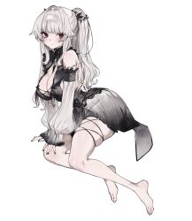 Rule 34 | 1girl, absurdres, bare shoulders, barefoot, black nails, blunt bangs, blush, breasts, cleavage, closed mouth, detached sleeves, dress, full body, funyo (masa), grey hair, highres, large breasts, long hair, looking at viewer, nail polish, original, pale skin, red eyes, simple background, skindentation, solo, two side up, white background