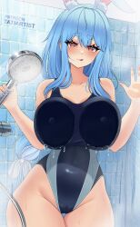 Rule 34 | 1girl, absurdres, against glass, animal ears, benchikart, blue hair, blush, breast press, breasts, breasts on glass, hair between eyes, highres, hololive, huge breasts, large breasts, long hair, looking at viewer, one-piece swimsuit, pekomama, rabbit ears, rabbit girl, red eyes, saliva, school swimsuit, shower (place), shower head, showering, steam, sweat, sweatdrop, swimsuit, thick eyebrows, thick thighs, thighs, tongue, tongue out, usada pekora, virtual youtuber, wet, white hair