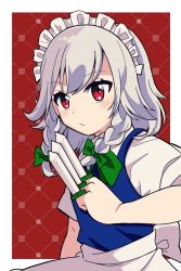 Rule 34 | 1girl, apron, between fingers, blue vest, border, bow, bowtie, braid, closed mouth, commentary request, embodiment of scarlet devil, green bow, green bowtie, hair bow, highres, holding, holding knife, izayoi sakuya, knife, knives between fingers, looking at viewer, maid, maid headdress, medium hair, outside border, puffy short sleeves, puffy sleeves, red eyes, short sleeves, solo, touhou, twin braids, upper body, vest, waist apron, white apron, white border, yamase
