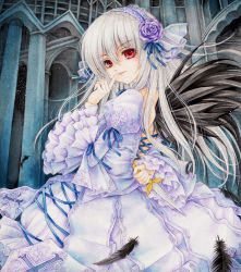 Rule 34 | 00s, 1girl, arm behind back, biglove, black wings, blade, dagger, doll joints, feathers, finger to mouth, flower, highres, joints, knife, long hair, purple flower, purple rose, red eyes, rose, rozen maiden, solo, suigintou, traditional media, weapon, white hair, wings