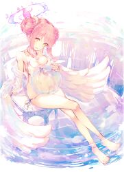 Rule 34 | absurdres, barefoot, bikini, blue archive, bubble, highres, looking at viewer, mika (blue archive), navel, pink hair, reizouko, smile, string bikini, swimsuit, wide hips, wings
