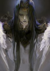Rule 34 | 1girl, androgynous, black hair, circlet, collar, colored skin, commentary, english commentary, expressionless, feathered wings, final fantasy, final fantasy xiv, gradient background, grey background, grey lips, grey skin, hair intakes, hair over one eye, half-closed eyes, highres, jewelry, long hair, looking at viewer, solo, square enix, straight-on, the endsinger, white wings, wings, xiong hai, yellow eyes
