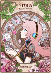Rule 34 | 1girl, absurdres, armband, balloon, blue eyes, bracelet, branch, bug, butterfly, card, cat, character name, copyright name, dated, detached sleeves, english text, falling petals, fish, floating hair, flower, from side, gem, hair over shoulder, hands up, headphones, high collar, highres, insect, jewelry, leaf, long hair, long sleeves, looking up, maple leaf, megurine luka, mofmama, nail polish, necktie, paper airplane, parted lips, petals, piano keys, pink hair, playing card, profile, shirt, sleeveless, sleeveless shirt, solo, star (symbol), vocaloid