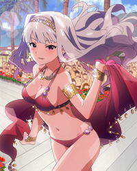 Rule 34 | 10s, 1girl, artist request, bikini, blush, bracelet, breasts, cleavage, earrings, headband, idolmaster, idolmaster (classic), idolmaster million live!, jewelry, long hair, looking at viewer, lots of jewelry, navel, necklace, official art, parted lips, pink eyes, shijou takane, silver hair, solo, swimsuit