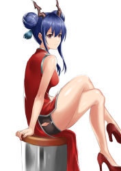 Rule 34 | 1girl, arknights, arm support, bare legs, black shorts, blue hair, breasts, ch&#039;en (ageless afterglow) (arknights), ch&#039;en (arknights), china dress, chinese clothes, commentary request, crossed legs, double bun, dragon horns, dress, hair between eyes, hair bun, high heels, highres, horns, korean commentary, long hair, looking at viewer, medium breasts, official alternate costume, purple eyes, rankketer, red dress, red footwear, revision, shorts, sidelocks, simple background, sitting, sleeveless, sleeveless dress, solo, thighs, white background