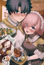 Rule 34 | 2boys, 2girls, ahoge, alternate costume, black eyes, black hair, blush, bow, bowtie, breasts, brown dress, brown hair, cellphone, chaldea logo, chef, closed eyes, closed mouth, commentary request, crossed arms, dress, eyes visible through hair, fate/grand order, fate (series), food, fujimaru ritsuka (male), gloves, hair over one eye, highres, holding, holding food, indoors, kaita (mokamilkcup), large breasts, leonardo da vinci (fate), lips, long hair, looking at viewer, maid headdress, mash kyrielight, multiple boys, multiple girls, open mouth, orange hair, phone, pink hair, plate, ponytail, puffy sleeves, purple eyes, romani archaman, short hair, short sleeves, smartphone, smile, suspenders, sweatdrop, taking picture, teeth, twitter username, two-tone dress, uniform, white gloves, yellow bow, yellow dress, yellow neckwear