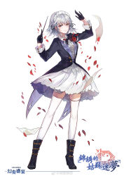 Rule 34 | 1girl, absurdres, alternate costume, artist request, black bow, black bowtie, black coat, black footwear, black gloves, black ribbon, blush, boots, bow, bowtie, braid, center frills, chinese commentary, coat, commentary request, conductor, dress, flower, frills, full body, gloves, grey eyes, hair between eyes, hair bow, hair ribbon, hands up, high heel boots, high heels, highres, holding, index finger raised, izayoi sakuya, long sleeves, looking at viewer, maid headdress, paper, petals, red bow, red flower, red rose, ribbon, rose, rose petals, sheet music, short dress, short hair, silver hair, simple background, skindentation, smile, solo, standing, thighhighs, thighs, touhou, translation request, twin braids, weibo logo, weibo watermark, white background, white dress, white thighhighs, wing collar, zettai ryouiki