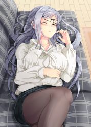 Rule 34 | 1girl, black-framed eyewear, black pantyhose, black skirt, blush, breasts, character request, closed eyes, couch, eyewear on head, from above, glasses, half updo, highres, hinabita, hopper, indoors, large breasts, long hair, long sleeves, lying, messy hair, miniskirt, on back, pantyhose, parted lips, pencil skirt, plaid, rug, running bond, shirt, silver hair, skirt, sleeping, solo, white shirt
