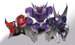 Rule 34 | 3boys, airplane wing, chibi, crossed legs, dalgu, decepticon, gradient background, horns, knockout (transformers), leaning to the side, looking at viewer, mecha, multiple boys, no humans, one-eyed, open hand, open mouth, red eyes, robot, science fiction, shockwave (transformers), single horn, sitting, starscream, transformers, transformers prime