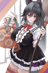 Rule 34 | 1girl, animal ears, black hair, blush, breasts, broom, brown eyes, buchibussei, fang, fox ears, fox girl, hair between eyes, halloween, halloween bucket, highres, holding, holding broom, japari symbol, kemono friends, large breasts, long hair, looking at viewer, open mouth, silver fox (kemono friends), skin fang, smile, solo