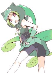 Rule 34 | &gt;:o, 10s, 1girl, :o, armpits, bare shoulders, black shorts, chameleon tail, fingerless gloves, forehead protector, gloves, green gloves, green hair, hand on own ass, hood, kemono friends, looking back, muted color, nanateru, ninja, panther chameleon (kemono friends), pleated skirt, red eyes, shorts, simple background, skirt, sleeveless, solo, standing, tail, v-shaped eyebrows, white background