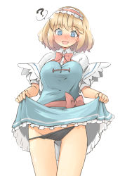 Rule 34 | 1girl, @ @, alice margatroid, arnest, bad id, bad twitter id, black panties, blonde hair, blue dress, blue eyes, blush, bow, breasts, capelet, clothes lift, dress, dress lift, hairband, highres, hypnosis, large breasts, lifting own clothes, lolita hairband, mind control, open mouth, panties, puffy short sleeves, puffy sleeves, red bow, red hairband, red neckwear, sash, short hair, short sleeves, simple background, solo, touhou, underwear, white background, white capelet