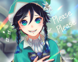 Rule 34 | 1boy, androgynous, aoitorix, beret, black hair, blue flower, blue hair, blurry, blurry background, bow, braid, cape, collared cape, collared shirt, english text, flower, genshin impact, gradient hair, green eyes, green hat, hand on own chest, hat, hat flower, leaf, looking at viewer, male focus, multicolored hair, open mouth, shirt, short hair with long locks, smile, solo, sparkle, twin braids, venti (genshin impact), white flower, white shirt