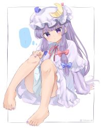 Rule 34 | 1girl, arm support, barefoot, bow, capelet, closed mouth, crescent, crescent pin, dress, hair bow, hat, highres, knees up, long hair, long sleeves, looking at viewer, mob cap, nail polish, patchouli knowledge, purple capelet, purple dress, purple eyes, purple hair, purple hat, purple nails, ramudia (lamyun), sidelocks, simple background, sitting, solo, touhou, white background