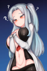 Rule 34 | 1girl, ?, angela (project moon), blue hair, breast press, breasts, clothes pull, groin, hands on own chest, highres, huge breasts, jacket, lab coat, large breasts, light blue hair, lobotomy corporation, long hair, necktie, open clothes, open jacket, orange eyes, pants, pants pull, project moon, silver hair, solo