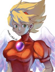 Rule 34 | 1girl, absurdres, angel wings, blonde hair, breasts, breath of fire, breath of fire iii, closed mouth, commentary request, dated, dress, green eyes, hairband, highres, looking at viewer, nina (breath of fire iii), puffy sleeves, short hair, simple background, smile, snow12, solo, white background, white wings, wings
