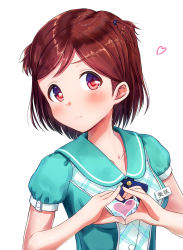 Rule 34 | 1girl, :t, aoba misaki, blue shirt, blush, breasts, brown hair, heart, heart hands, highres, hydro p, idolmaster, idolmaster million live!, idolmaster million live! theater days, name tag, red eyes, shirt, short hair, short sleeves, simple background, small breasts, solo, upper body, white background