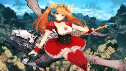 Rule 34 | 1girl, absurdres, bad id, bad pixiv id, blonde hair, blue sky, branch, breasts, cleavage, cloud, crown, day, dragon, dress, fantasy, flower, flower on head, gloves, hair flower, hair ornament, highres, jean popo, landscape, large breasts, looking at viewer, mountain, orange hair, original, outdoors, plant, pleated skirt, purple eyes, red dress, skirt, sky, smile, solo, thighhighs, tree, twintails, underbust, wood