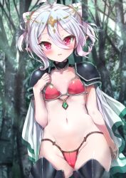 Rule 34 | 1girl, ahoge, arm at side, armor, bikini, bikini armor, blush, breasts, cowboy shot, forest, gradient hair, hair between eyes, hair ornament, kokkoro (princess connect!), looking at viewer, multicolored hair, natsushima memo, nature, navel, outdoors, parted lips, pink hair, pointy ears, princess connect!, red bikini, red eyes, short hair, shoulder pads, silver hair, small breasts, solo, stomach, swimsuit, thighhighs